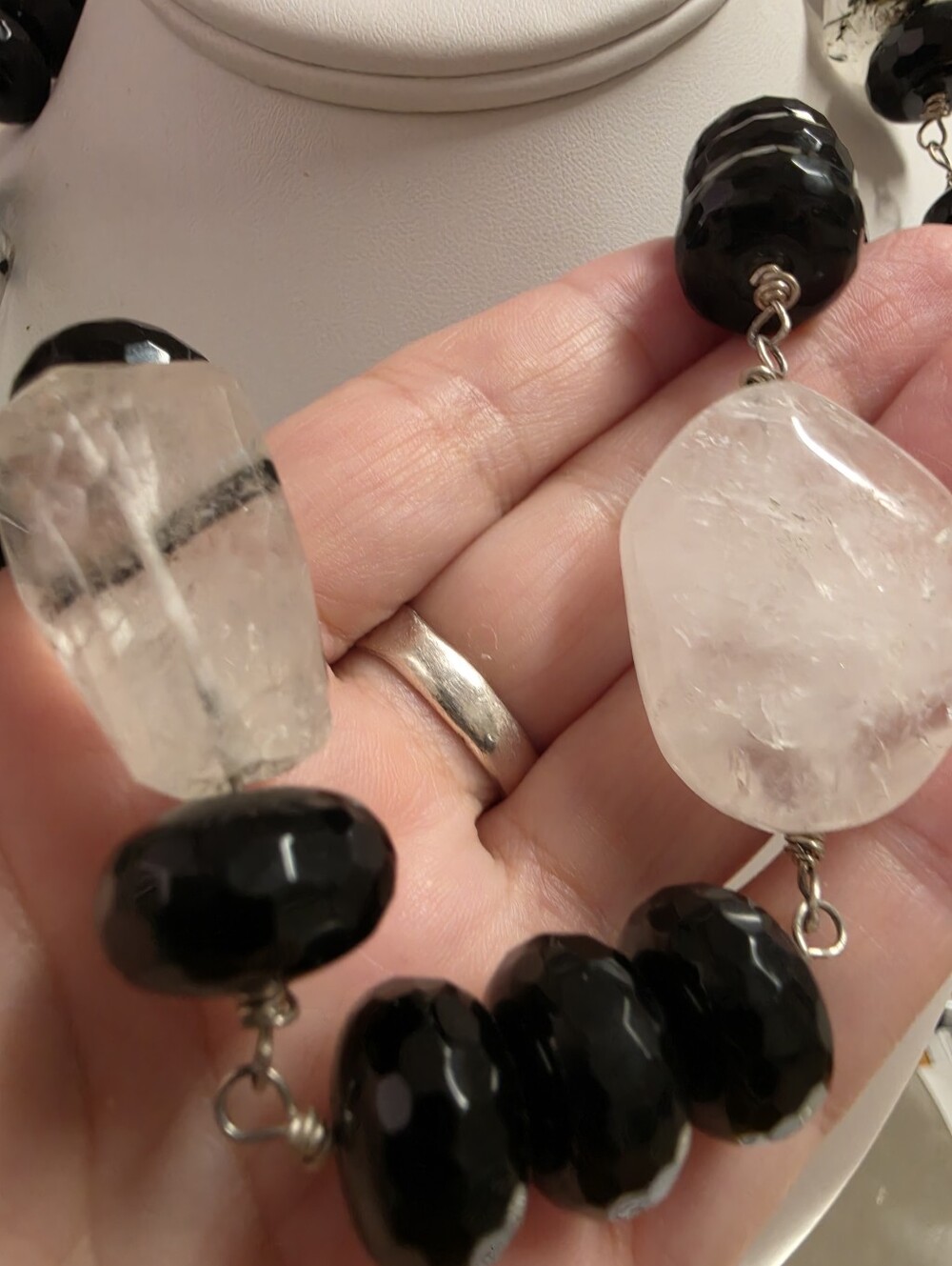 Artisan Black& White Chunky Tourmalinated and Milky Quartz and Glass Necklace - Picture 5 of 9